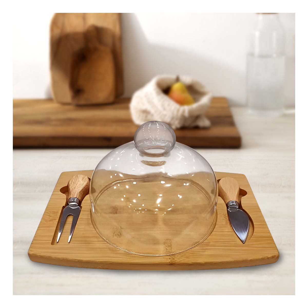 SUPERFICIE DE MADERA ELEGANTE CON DOME DE VIDRIO Y CUBIERTOS MADERA Y+LIGAS REGALO - 2