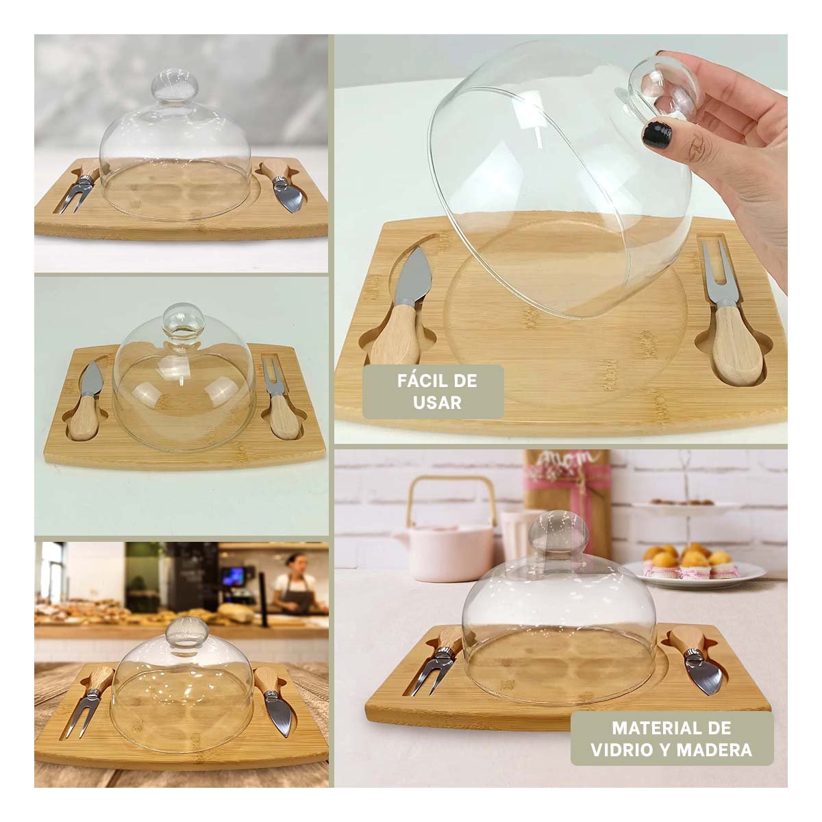SUPERFICIE DE MADERA ELEGANTE CON DOME DE VIDRIO Y CUBIERTOS MADERA Y+LIGAS REGALO - 5