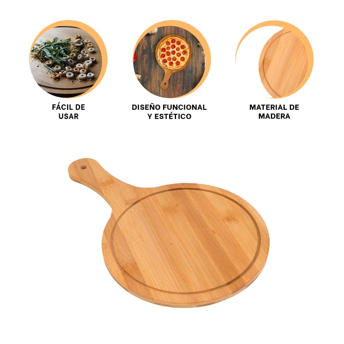 SOPORTE DE MADERA CIRCULAR CON MANGO PARA TAPAS Y POSTRES 32X20CM - 3