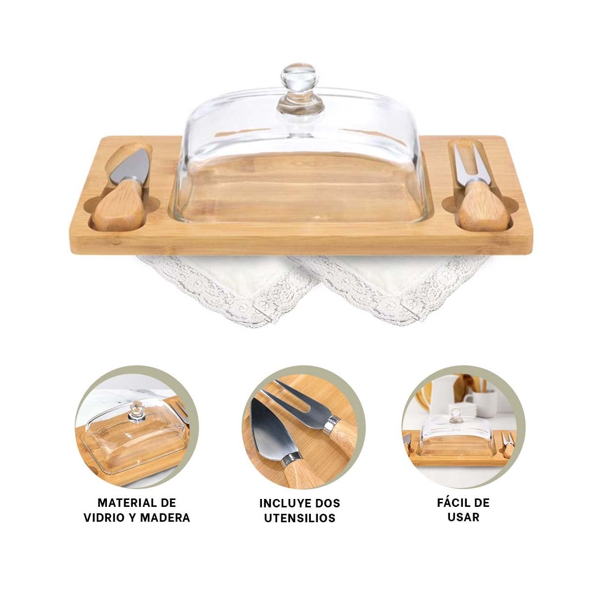 BASE DE MADERA CON TAPA DE VIDRIO PARA SERVIR TAPAS Y POSTRES MADERA - 3