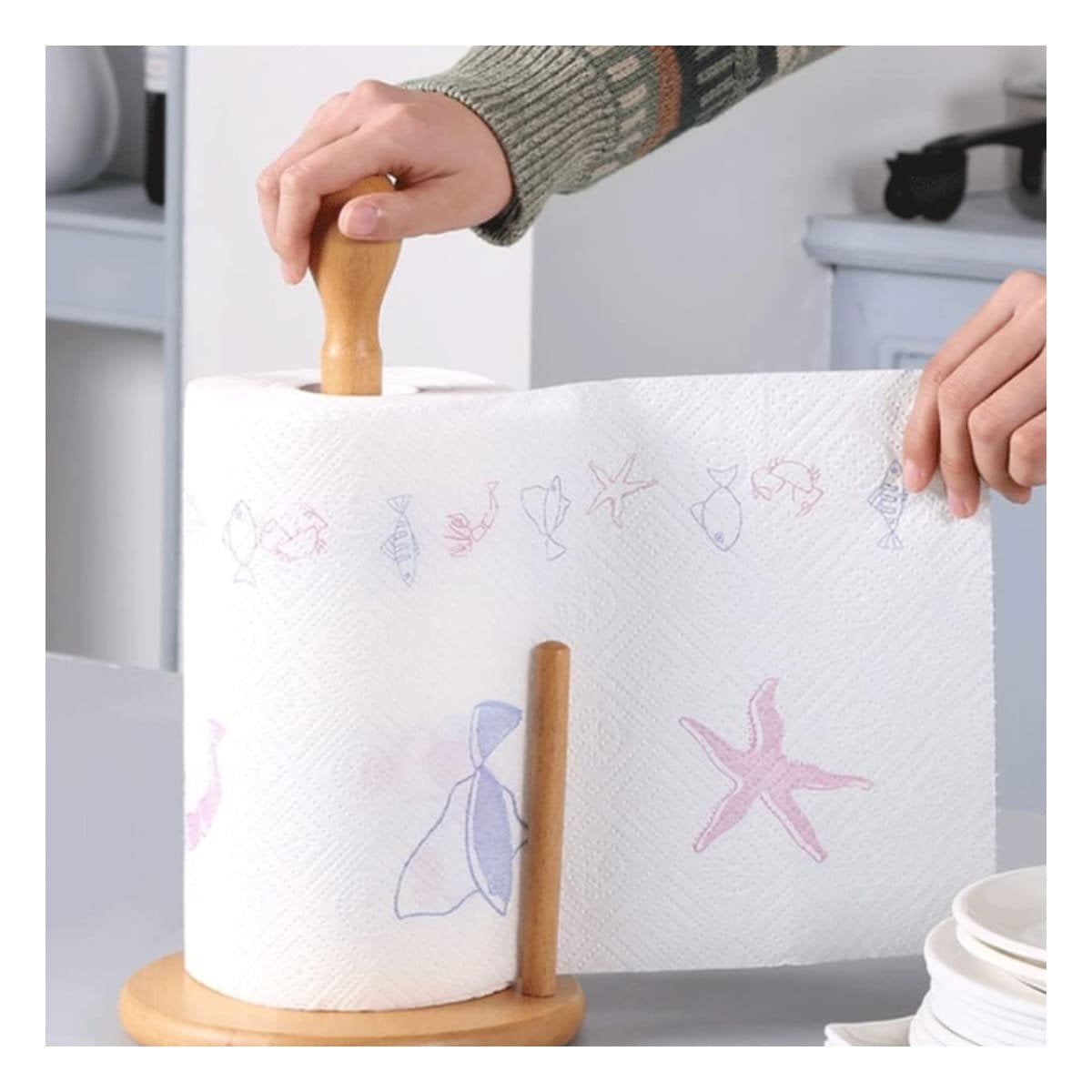 PACK2 SUJETA VERTICAL DE PAPEL TOALLA MADERA CON BASE CIRCULAR Y CABECITA - 1
