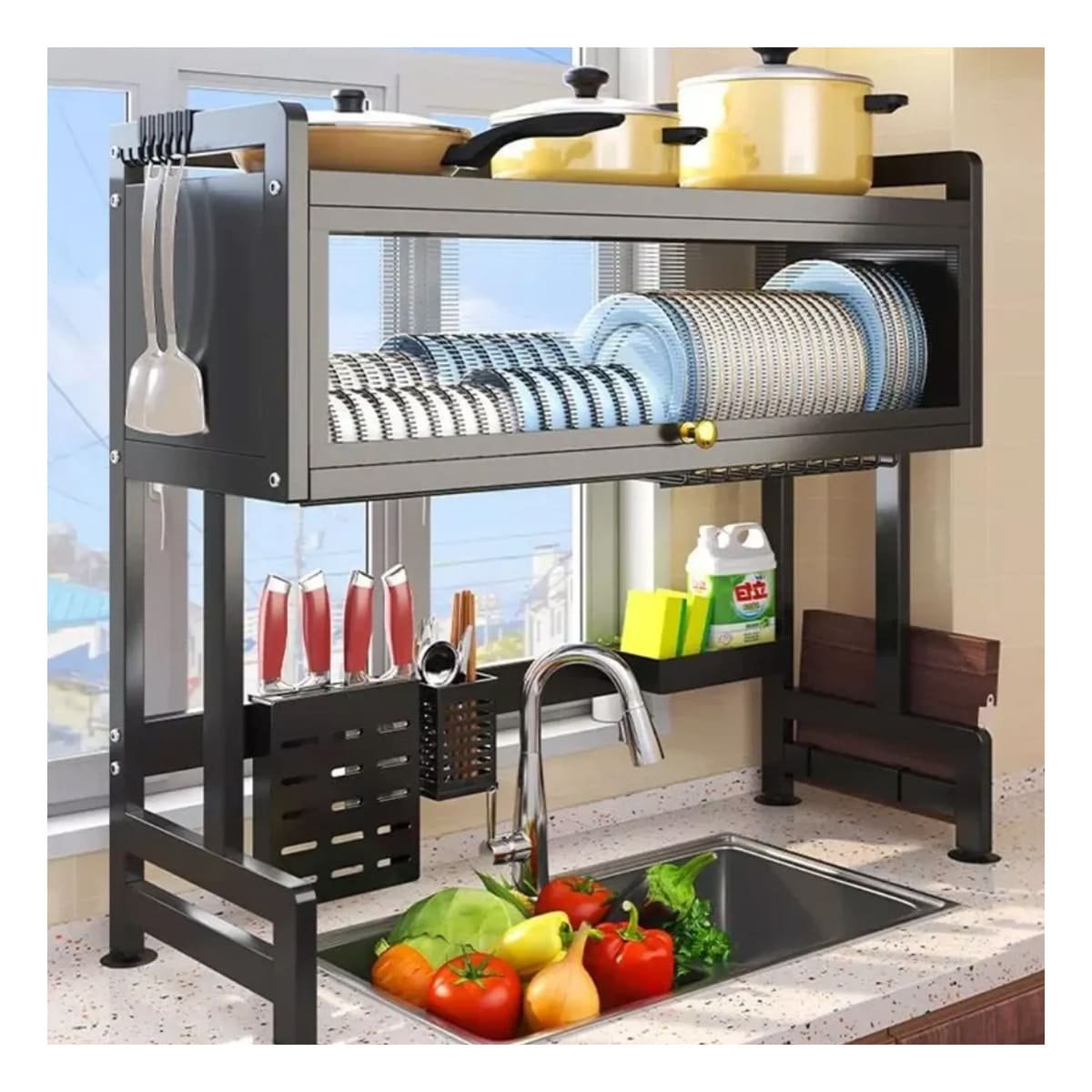 ORGANIZADOR PRACTICO 85CM COCINA CON COMPARTIMENTOS Y BANDEJA NEGRO Y+LIGAS REGALO - 2