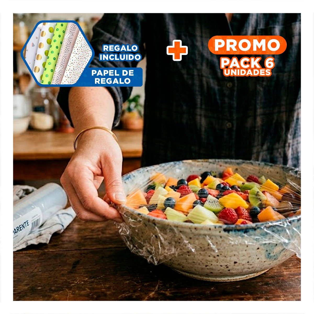 PACK6 BOBINA TRANSPARENTE PARA ALIMENTOS 20M X 30CM USO COCINA Y+PAPEL REGALO - 1