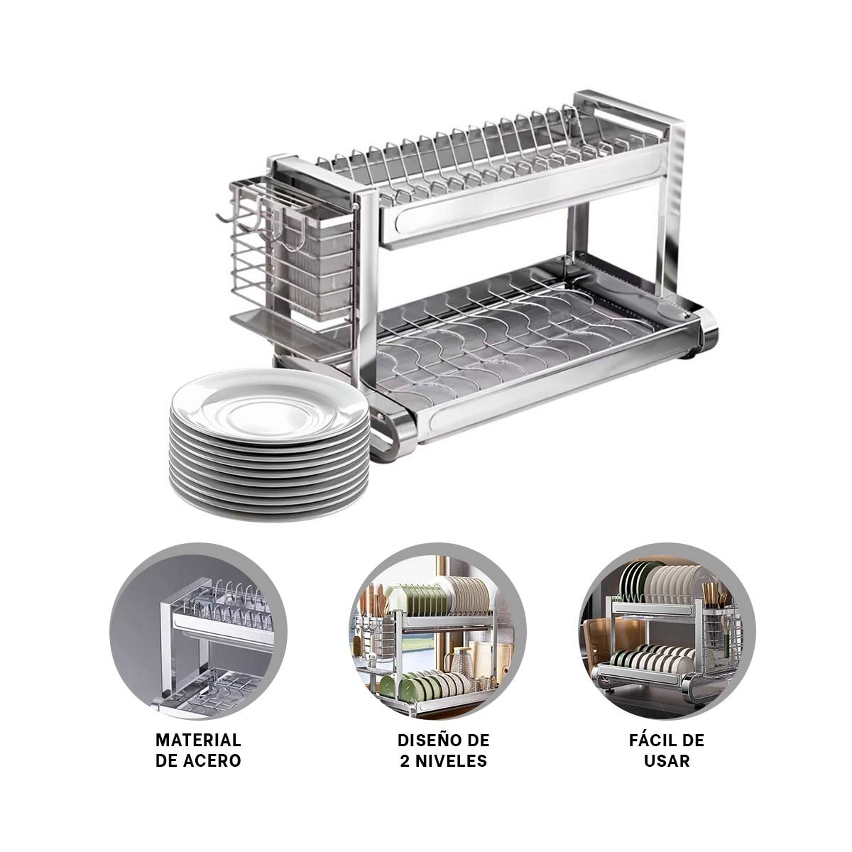 ORGANIZADOR DE PLATOS Y UTENSILIOS 2 NIVELES CON ACERO PLATEADO - 3