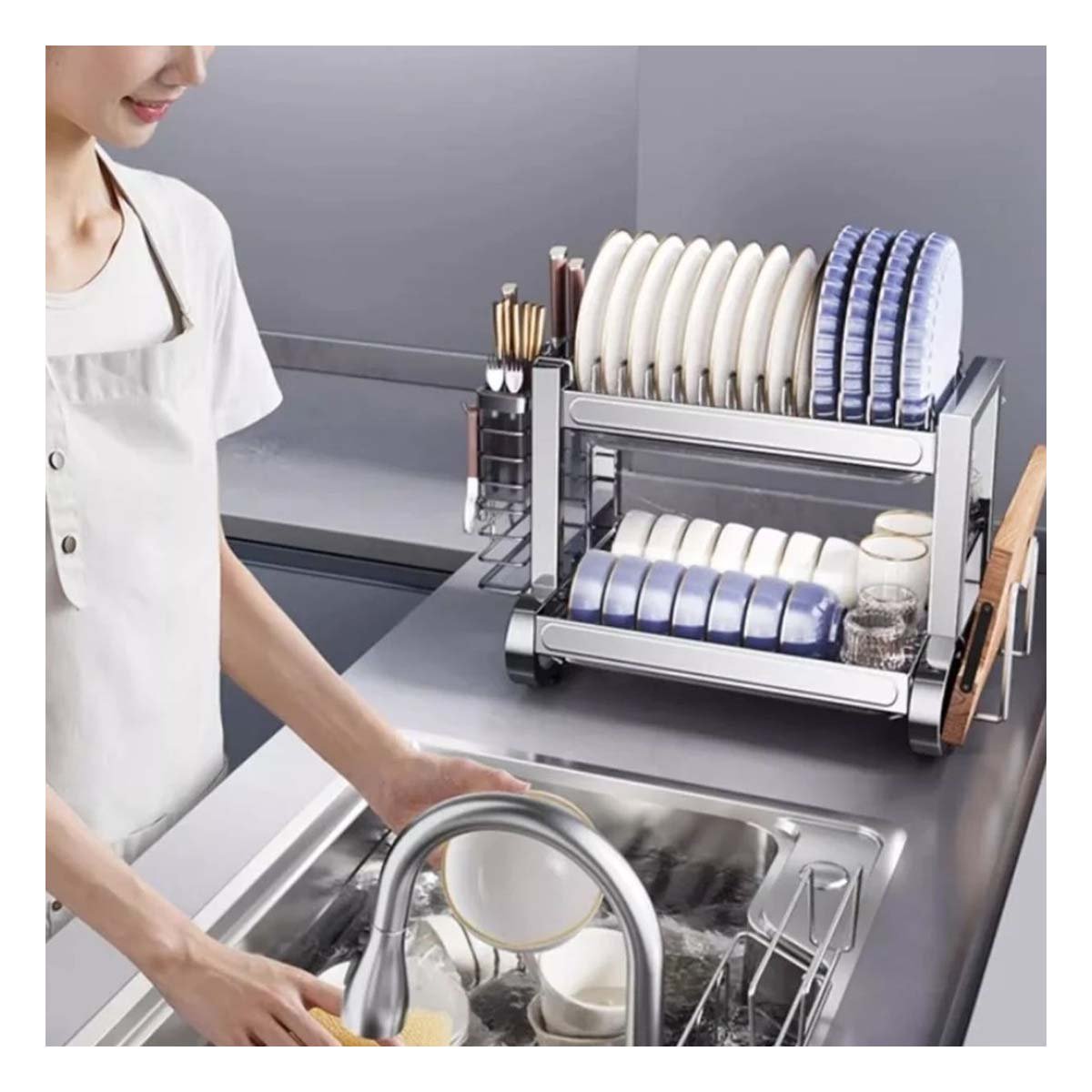 PACK2 SECADOR MODERNO DE COCINA CON BANDEJA DOBLE Y ACERO PLATEADO Y+REGALO STICKER - 1