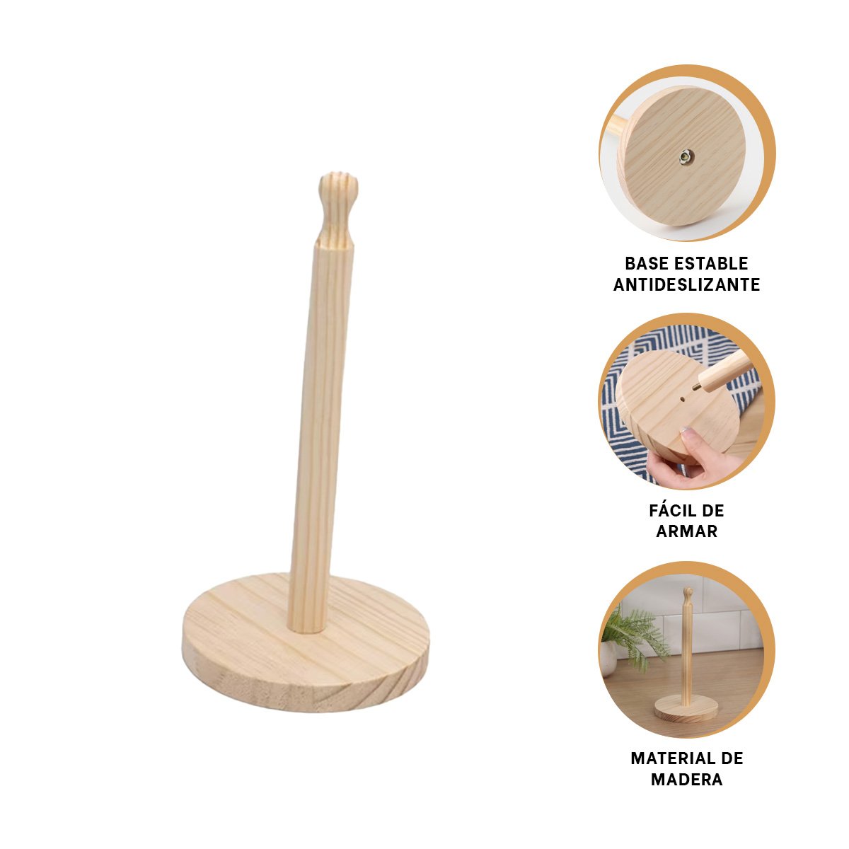 SUJETA VERTICAL DE PAPEL TOALLA CON CABECITA LARGA Y BASE CIRCULAR MADERA - 3