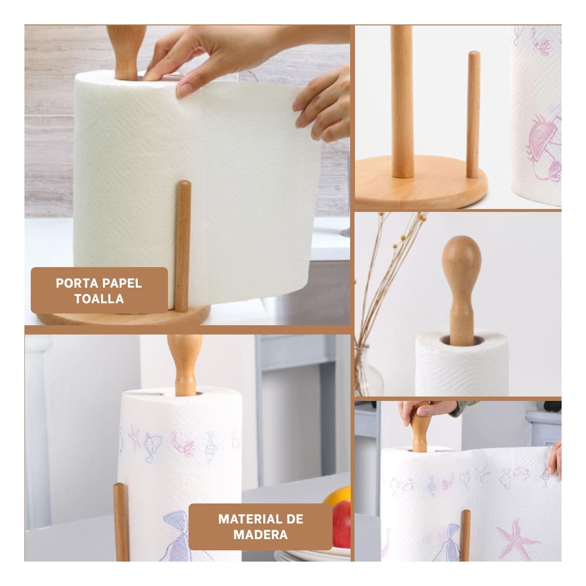 ORGANIZADOR DE PAPEL TOALLA VERTICAL ESTABLE CON BASE REDONDA MADERA Y+LIGAS REGALO - 5
