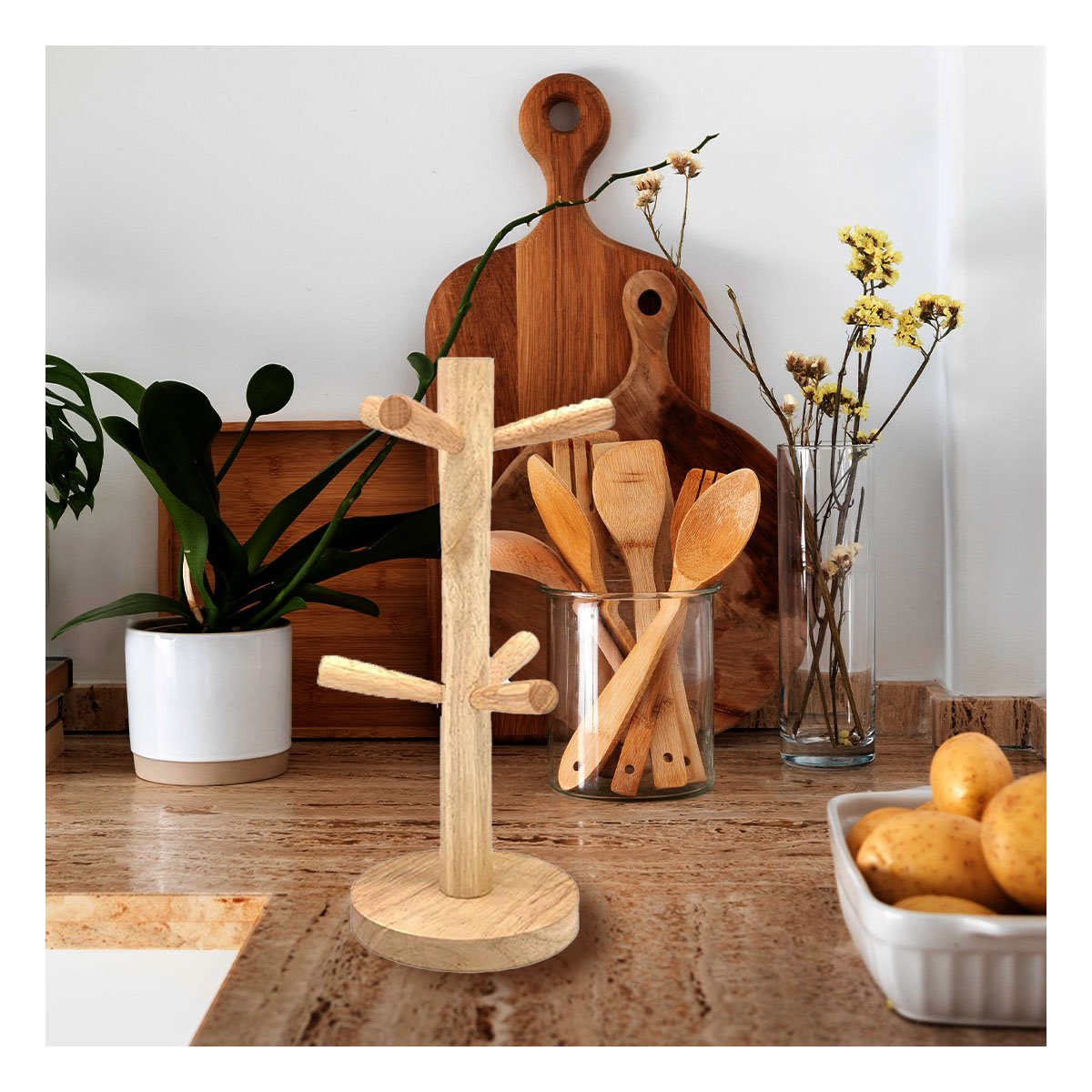 PACK4 ESTANTE MULTIFUNCIONAL DE MADERA PARA 6 TAZAS Y ACCESORIOS DE COCINA - 1