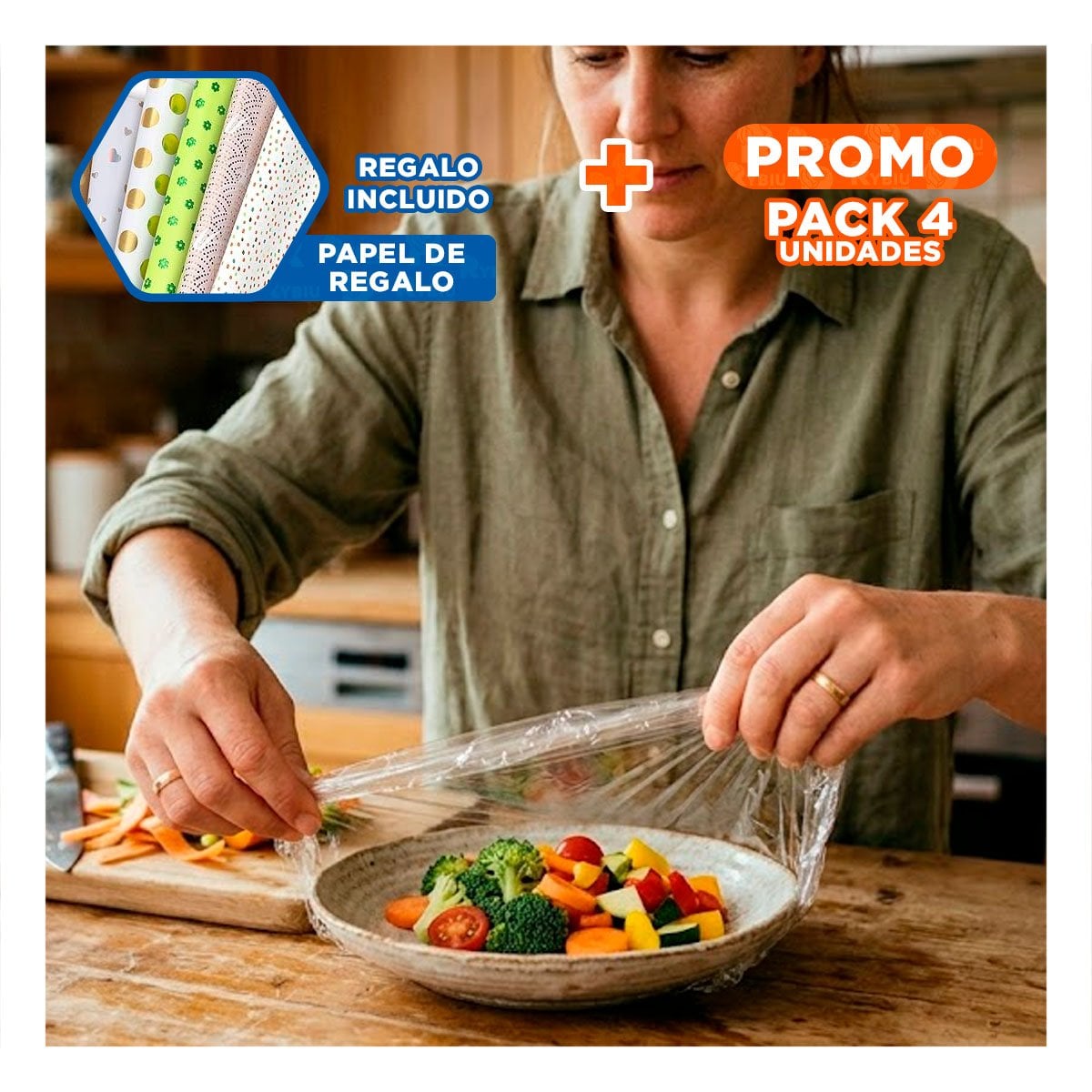 PACK4 PROTECCION PLASTICA PARA ALIMENTOS 20M X 30CM TRANSPARENTE COCINA Y+PAPEL REGALO - 1