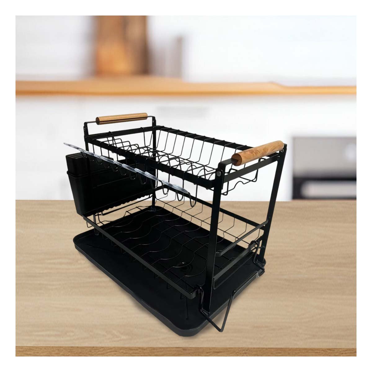 PACK2 SOPORTE DE PLATOS Y UTENSILIOS DOBLE NIVEL CON BASE DE MADERA NEGRO - 3