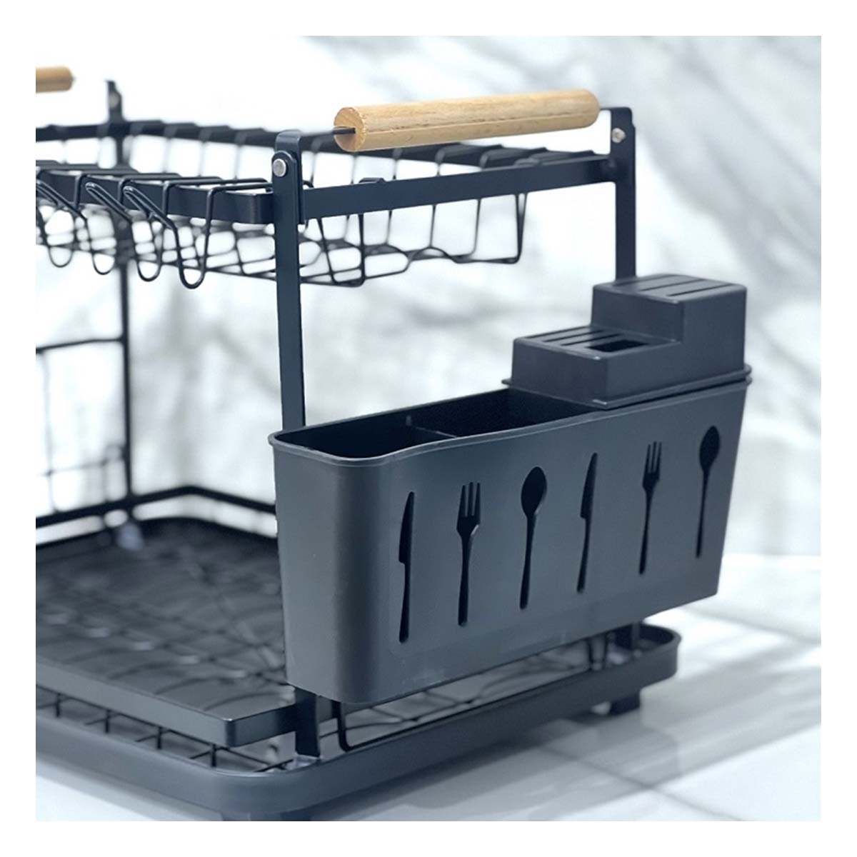 ORGANIZADOR PRACTICO PARA COCINA 2 NIVELES CON MADERA NEGRO Y+LIGAS REGALO - 1