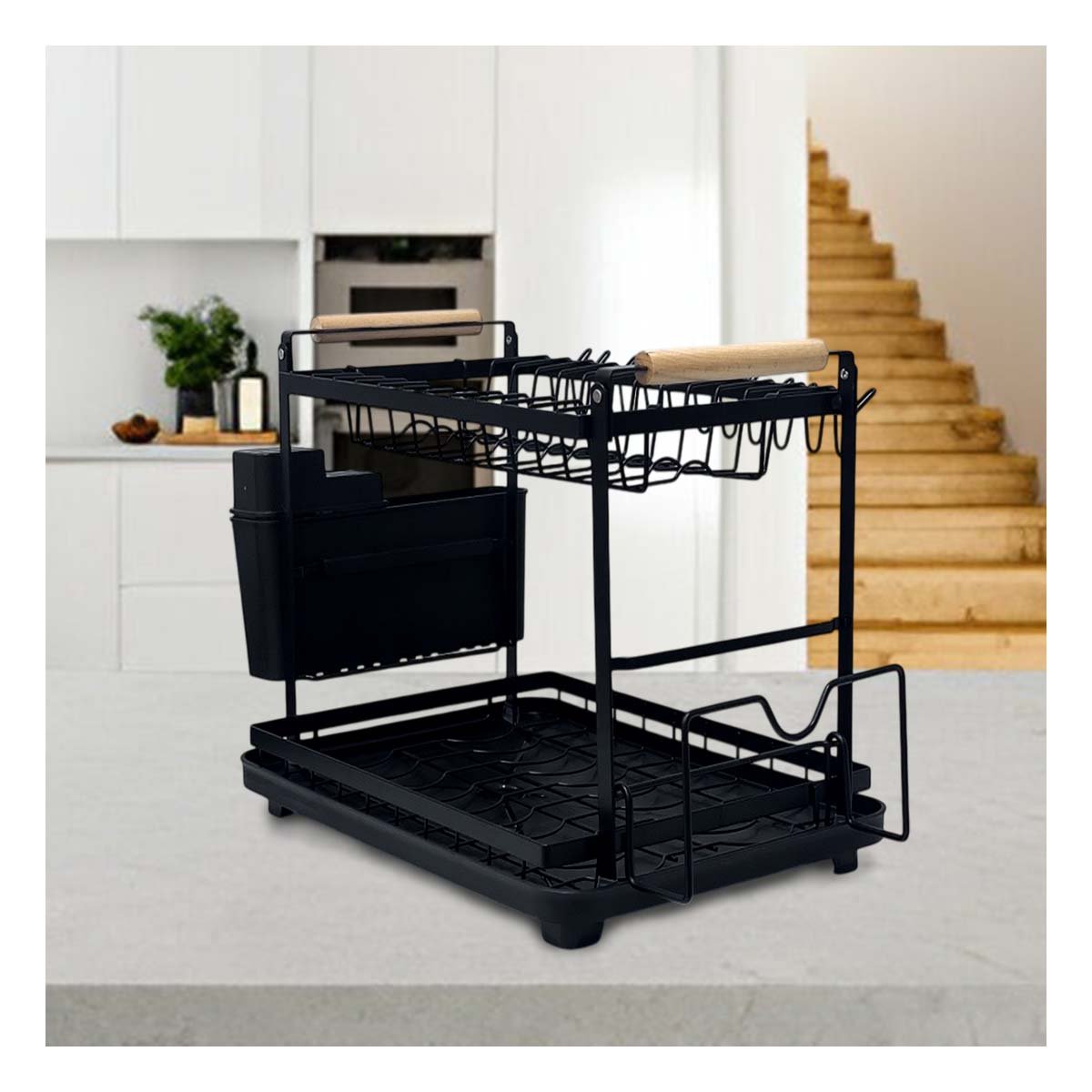 ORGANIZADOR PRACTICO PARA COCINA 2 NIVELES CON MADERA NEGRO Y+LIGAS REGALO - 2