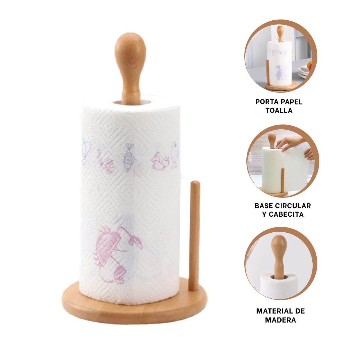 ORGANIZADOR VERTICAL DE PAPEL TOALLA EN MADERA CON BASE REDONDA Y DOBLE PALO - 3