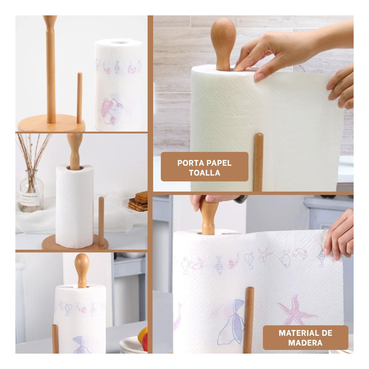 ORGANIZADOR VERTICAL DE PAPEL TOALLA EN MADERA CON BASE REDONDA Y DOBLE PALO - 5