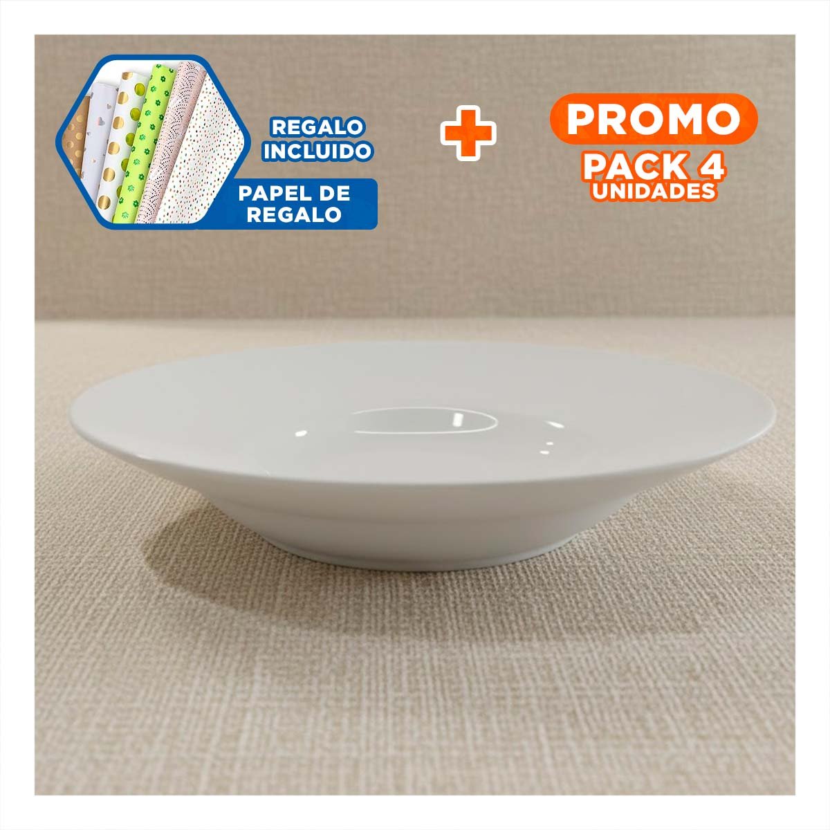 PACK4 VAJILLA MODERNA CIRCULAR SEMI HONDO BLANCO PARA SERVICIO DIARIO Y+PAPEL REGALO - 1