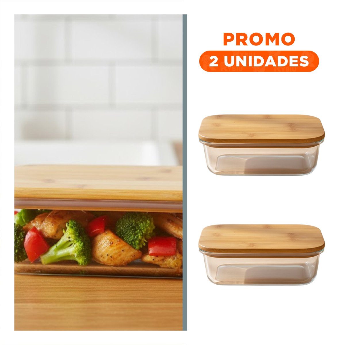 PACK2 RECIPIENTE 640ML RECTANGULAR TRANSPARENTE CON TAPA DE BAMBU PARA ALIMENTOS - 1
