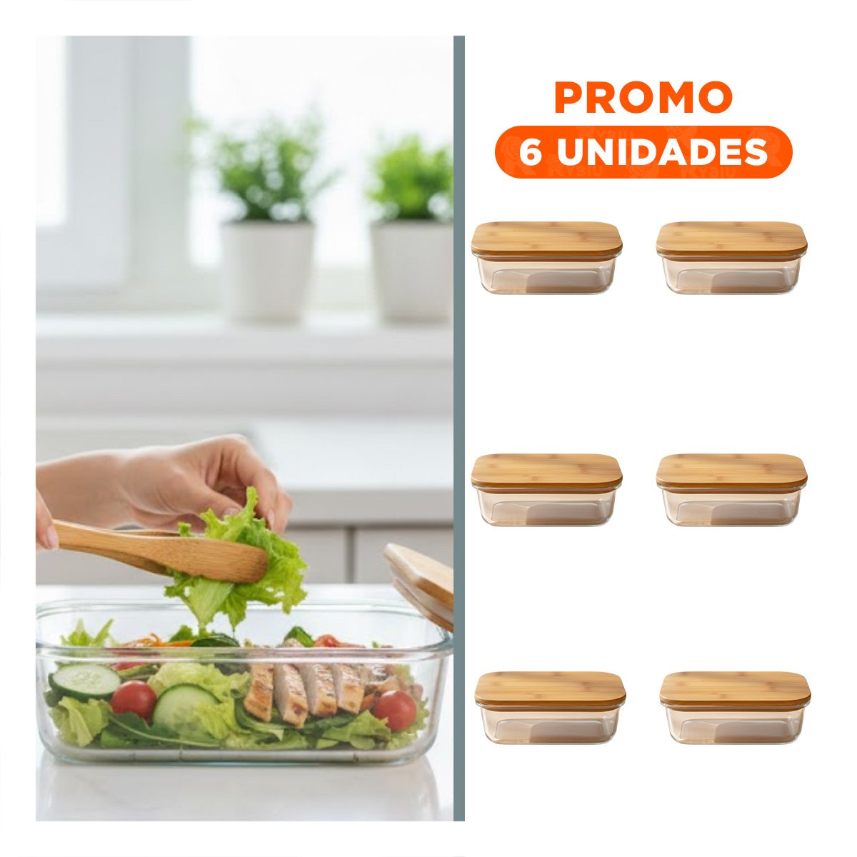 PACK6 CAJA 640ML RECTANGULAR TRANSPARENTE CON TAPA DE BAMBU PARA DESPENSA - 1