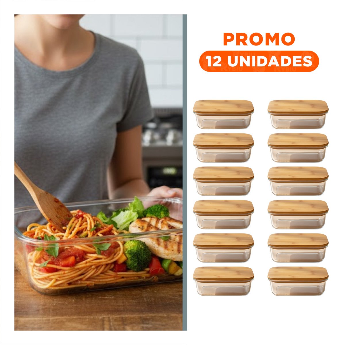 PACK12 ENVASE VIDRIO 1040ML RECTANGULAR TRANSPARENTE TAPA BAMBU FRESCO Y+REGALO STICKER - 1