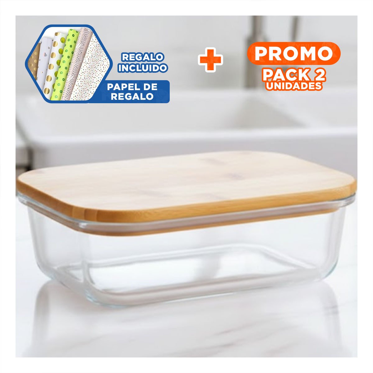 PACK2 RECIPIENTE 640ML RECTANGULAR TRANSPARENTE CON TAPA DE BAMBU PARA DESPENSA Y+PAPEL REGALO - 1
