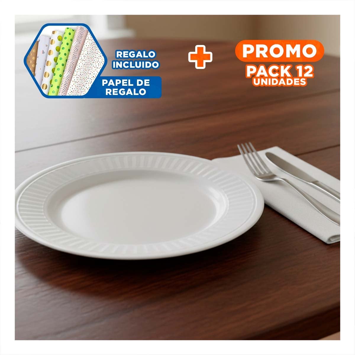 PACK12 MESA FAMILIAR CON COMPLEMENTO BLANCO Y DISENO RAYADO Y+PAPEL REGALO - 1