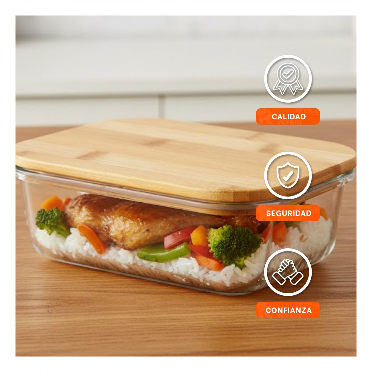 PACK2 CONTENEDOR DE VIDRIO 1040ML RECTANGULAR TRANSPARENTE CON TAPA BAMBU Y+REGALO STICKER - 5