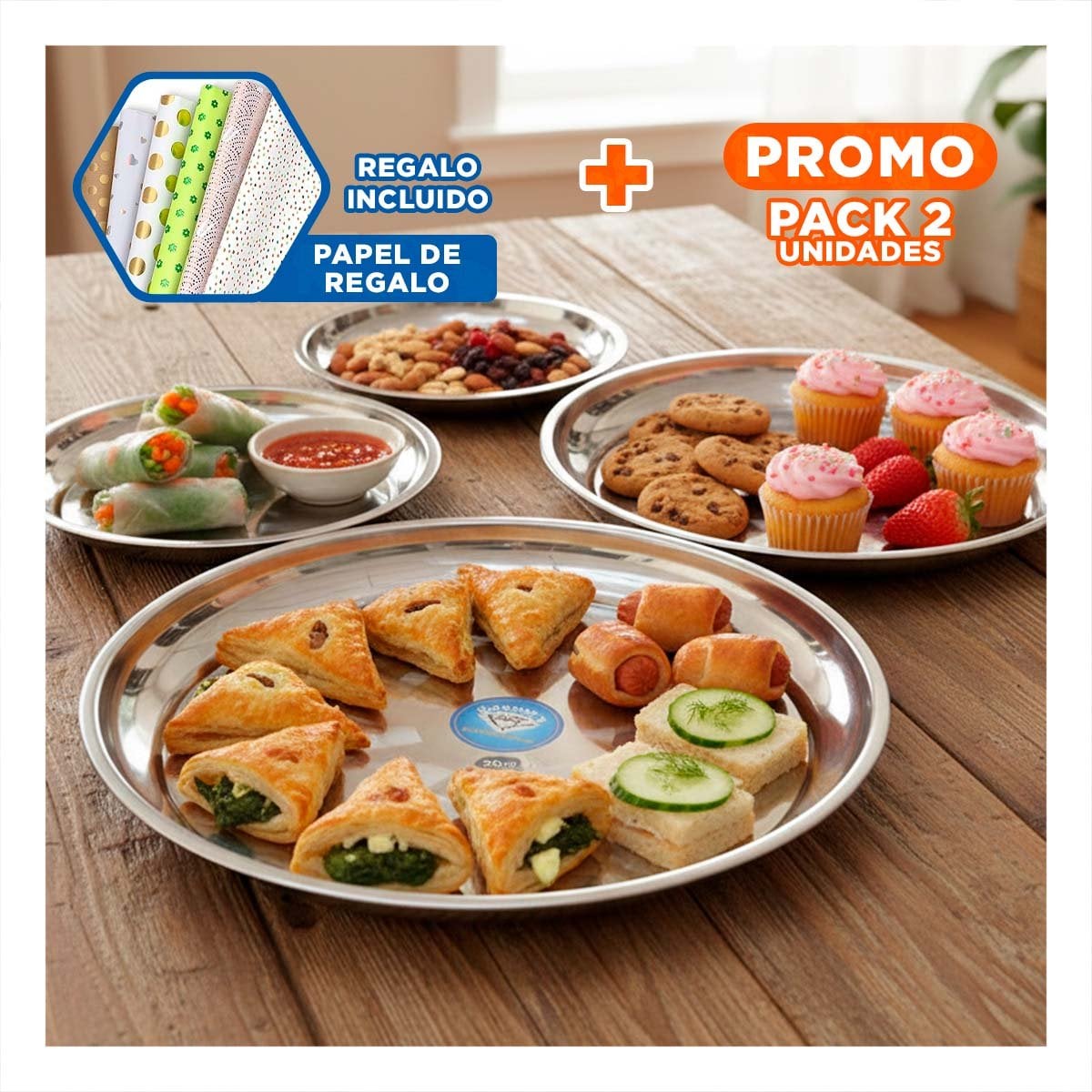 PACK2 PIEZAS DE COMEDOR EN ACERO REDONDO PARA PRESENTACION Y+PAPEL REGALO - 1