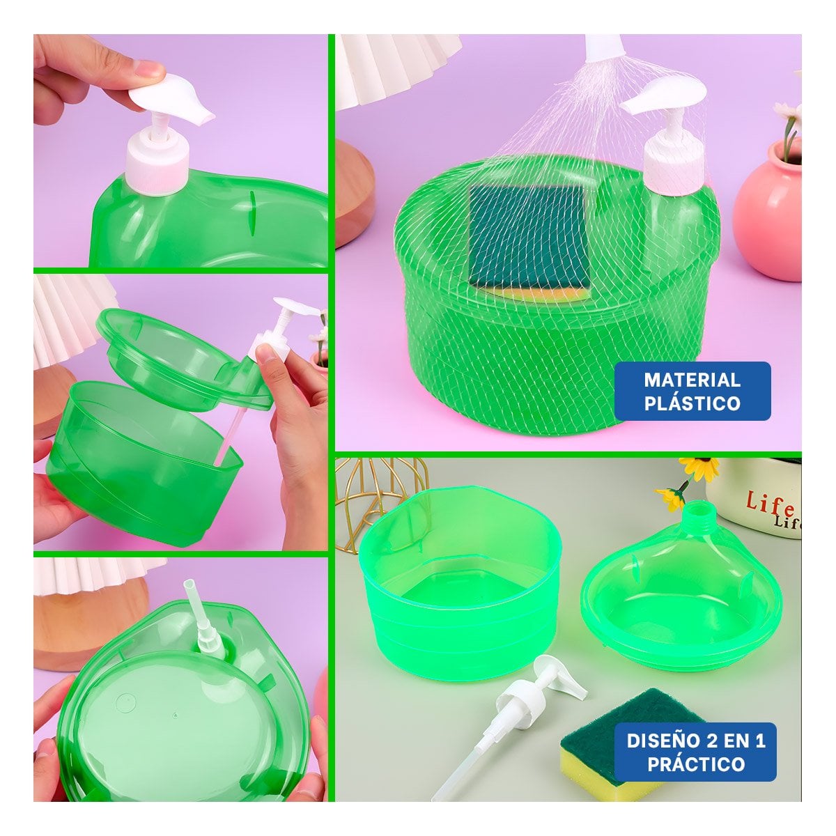 ENVASE RECARGABLE PARA JABON LAVAVAJILLA CIRCULAR VERDE LIMON DE COCINA Y+LIGAS REGALO - 5