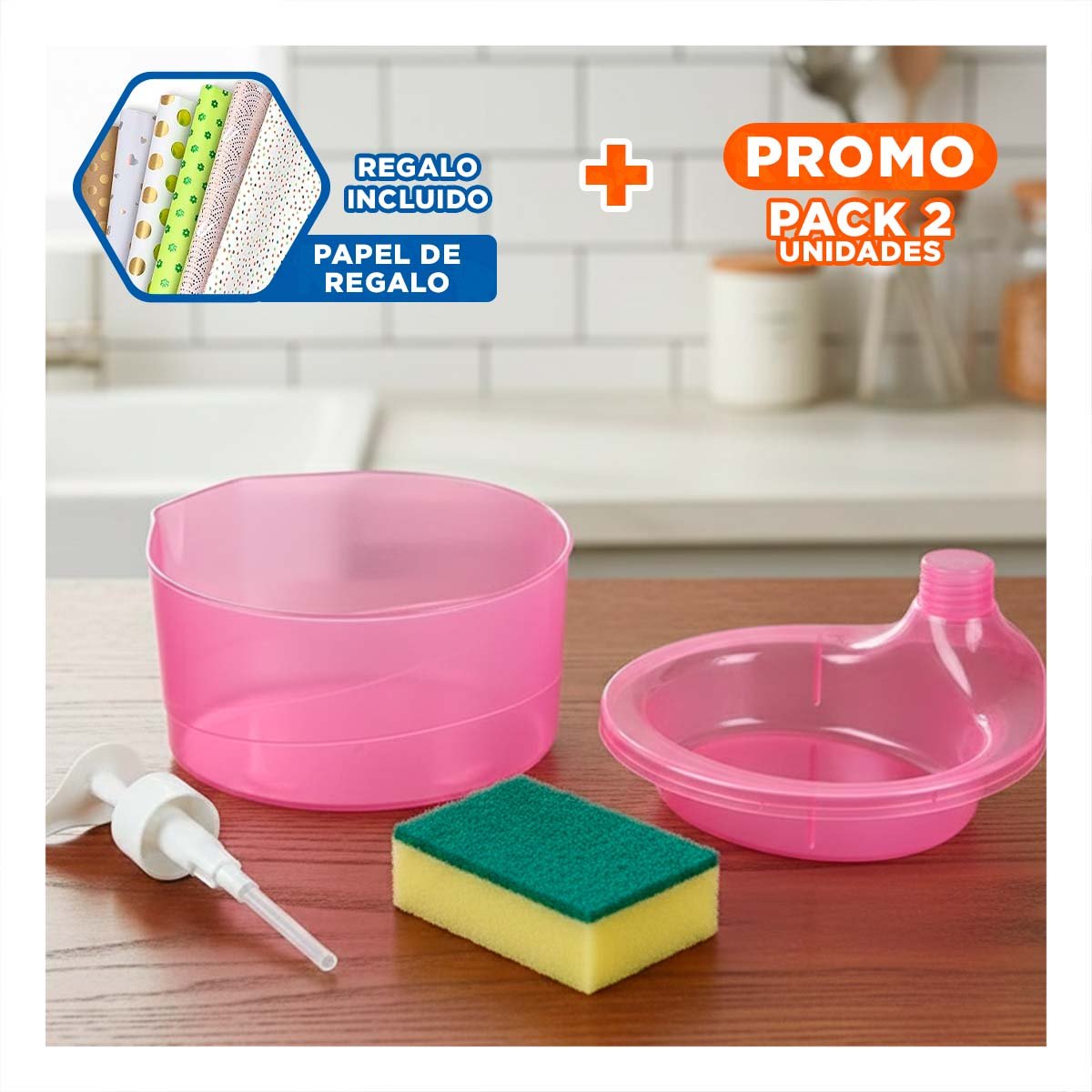 PACK2 ENVASE MANUAL PARA JABON LAVAVAJILLA CIRCULAR ROSADO Y+PAPEL REGALO - 1
