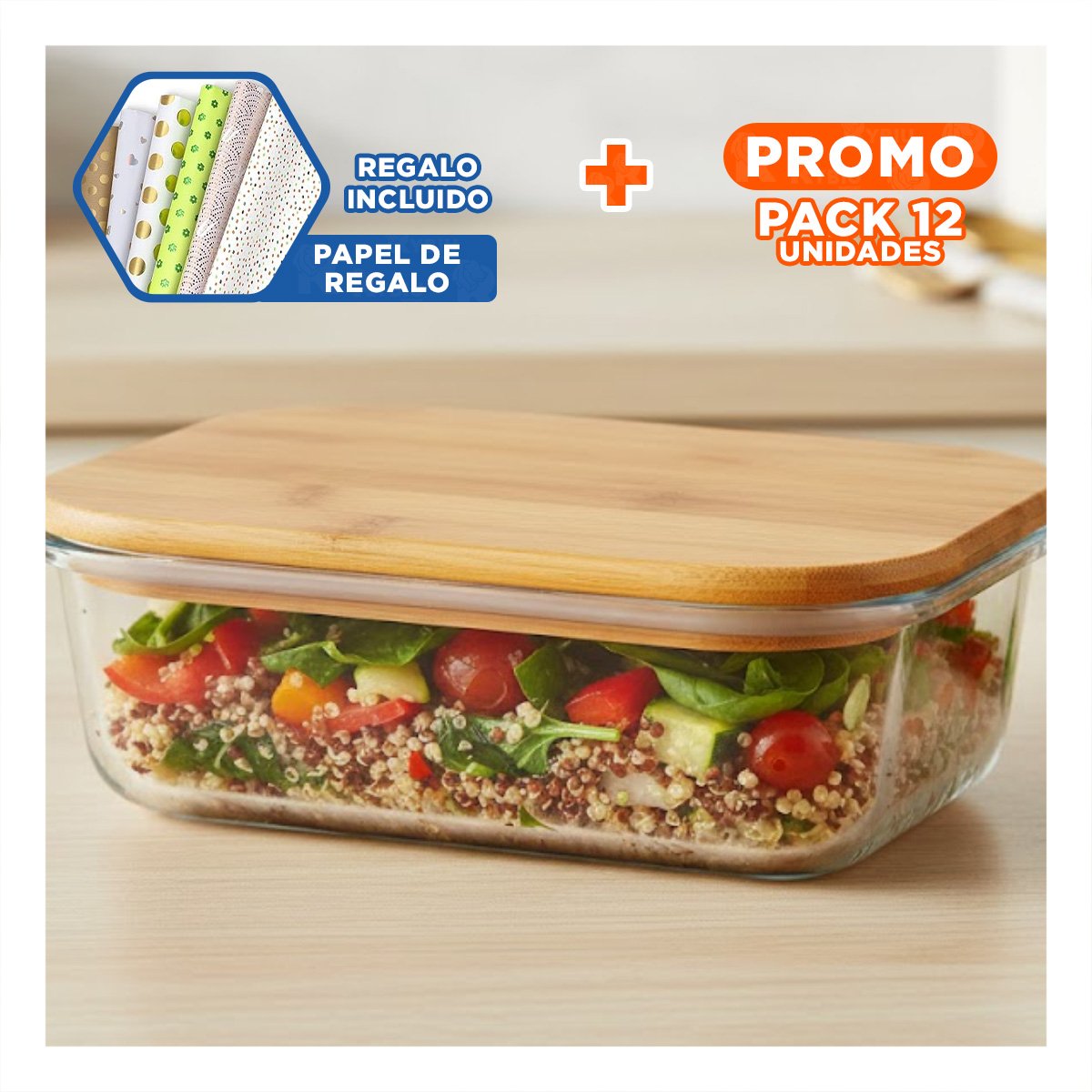 PACK12 CONTENEDOR 640ML RECTANGULAR TRANSPARENTE CON TAPA DE BAMBU PARA COMIDA Y+PAPEL REGALO - 1