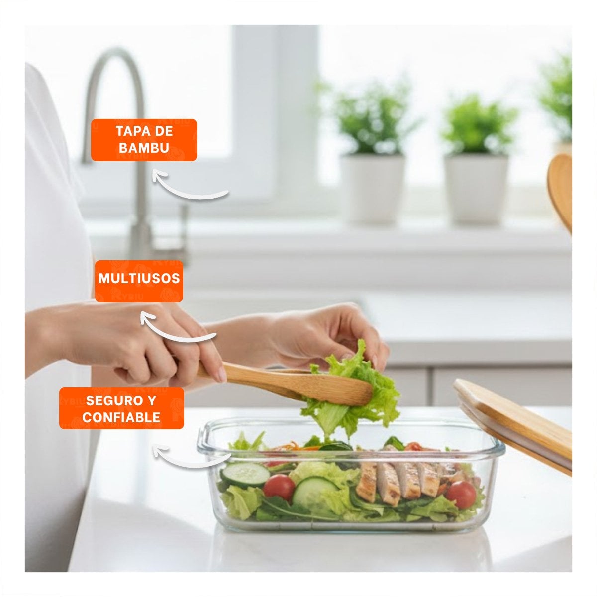 PACK12 CONTENEDOR 640ML RECTANGULAR TRANSPARENTE CON TAPA DE BAMBU PARA COMIDA Y+PAPEL REGALO - 3