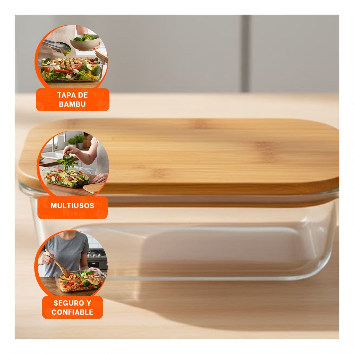 PACK2 CONTENEDOR DE VIDRIO 1040ML RECTANGULAR TRANSPARENTE CON TAPA BAMBU FRESCO Y+PAPEL REGALO - 5