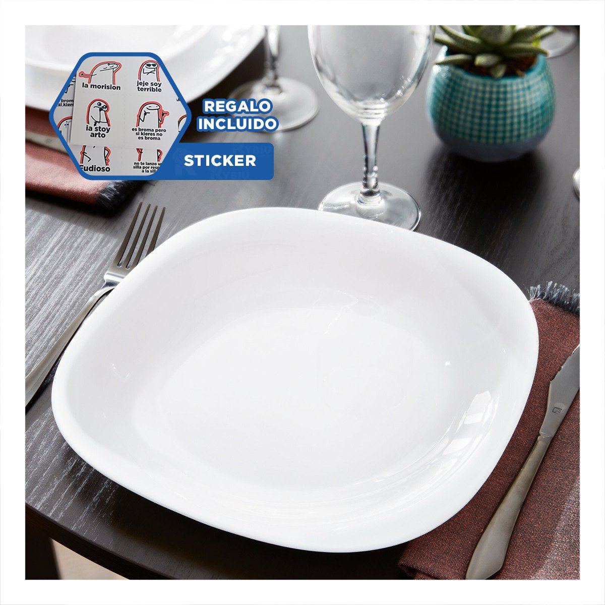PLATO PARA HOGAR BLANCO CON FORMA CUADRADA Y BORDE CURVO Y+REGALO STICKER - 1