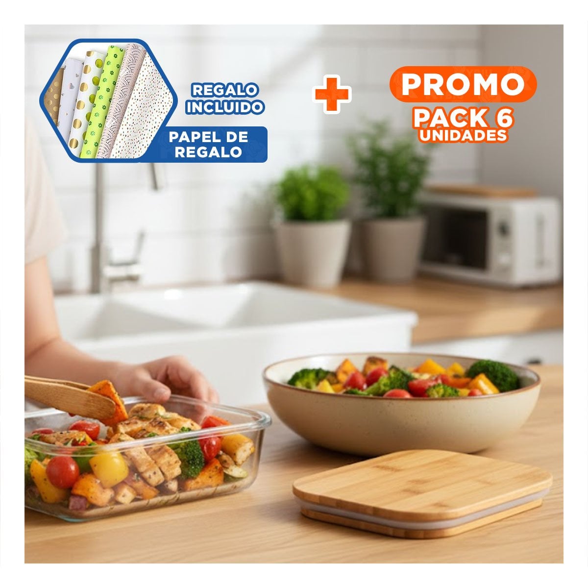 PACK6 CAJA 640ML RECTANGULAR TRANSPARENTE CON TAPA DE BAMBU PARA ORGANIZAR Y+PAPEL REGALO - 1