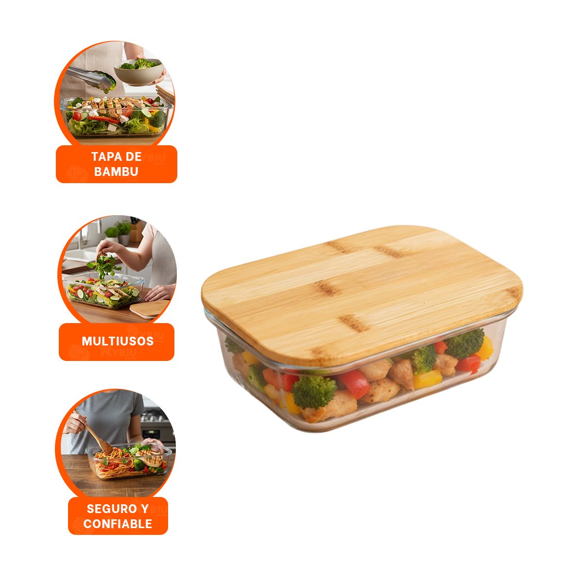 RECIPIENTE DE VIDRIO 1040ML RECTANGULAR TRANSPARENTE CON TAPA BAMBU COMIDA - 3