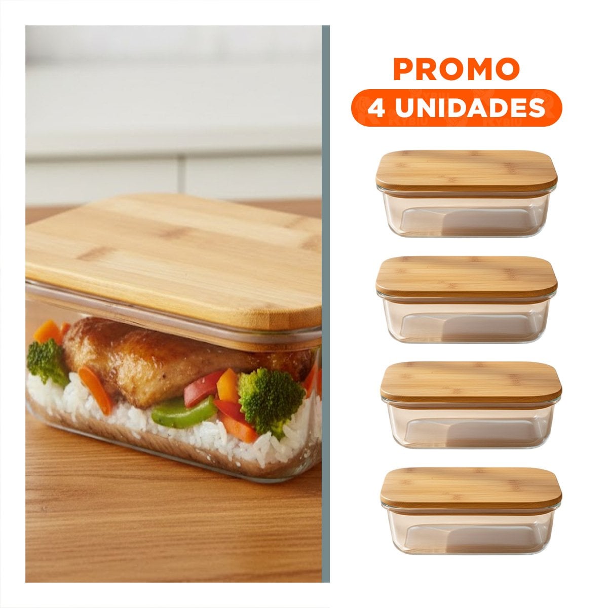 PACK4 CAJA DE VIDRIO 1040ML RECTANGULAR TRANSPARENTE CON TAPA BAMBU COMIDA Y+REGALO STICKER - 1