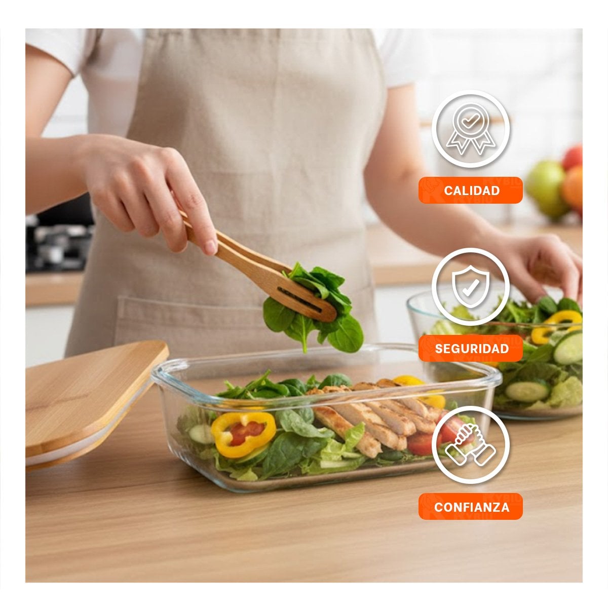 RECIPIENTE 640ML RECTANGULAR TRANSPARENTE CON TAPA DE BAMBU PARA COCINA Y+LIGAS REGALO - 2