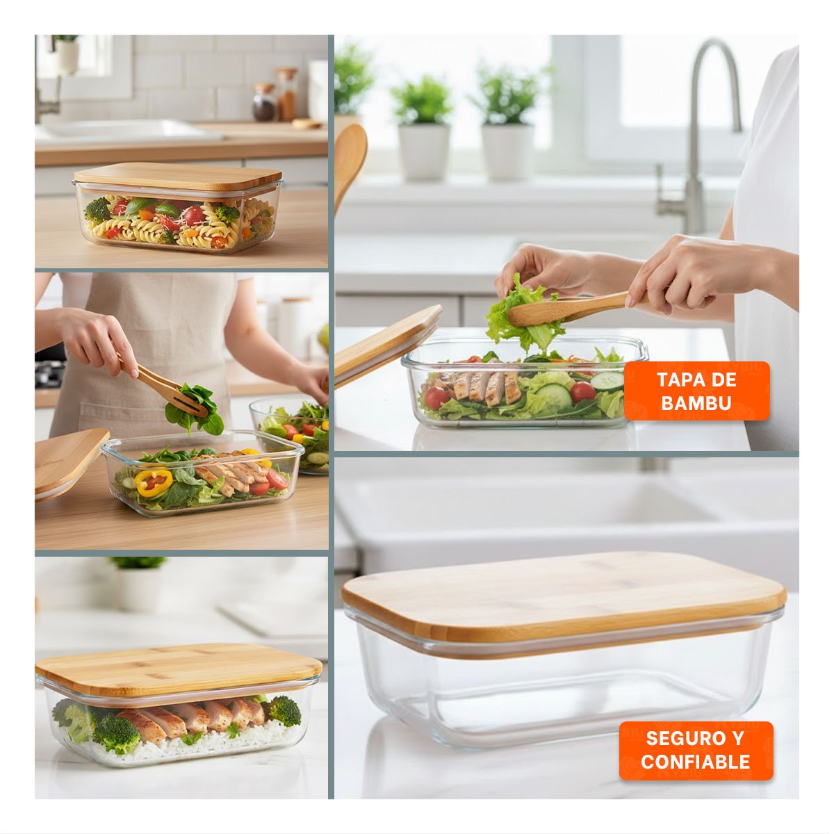 RECIPIENTE 640ML RECTANGULAR TRANSPARENTE CON TAPA DE BAMBU PARA COCINA Y+LIGAS REGALO - 5
