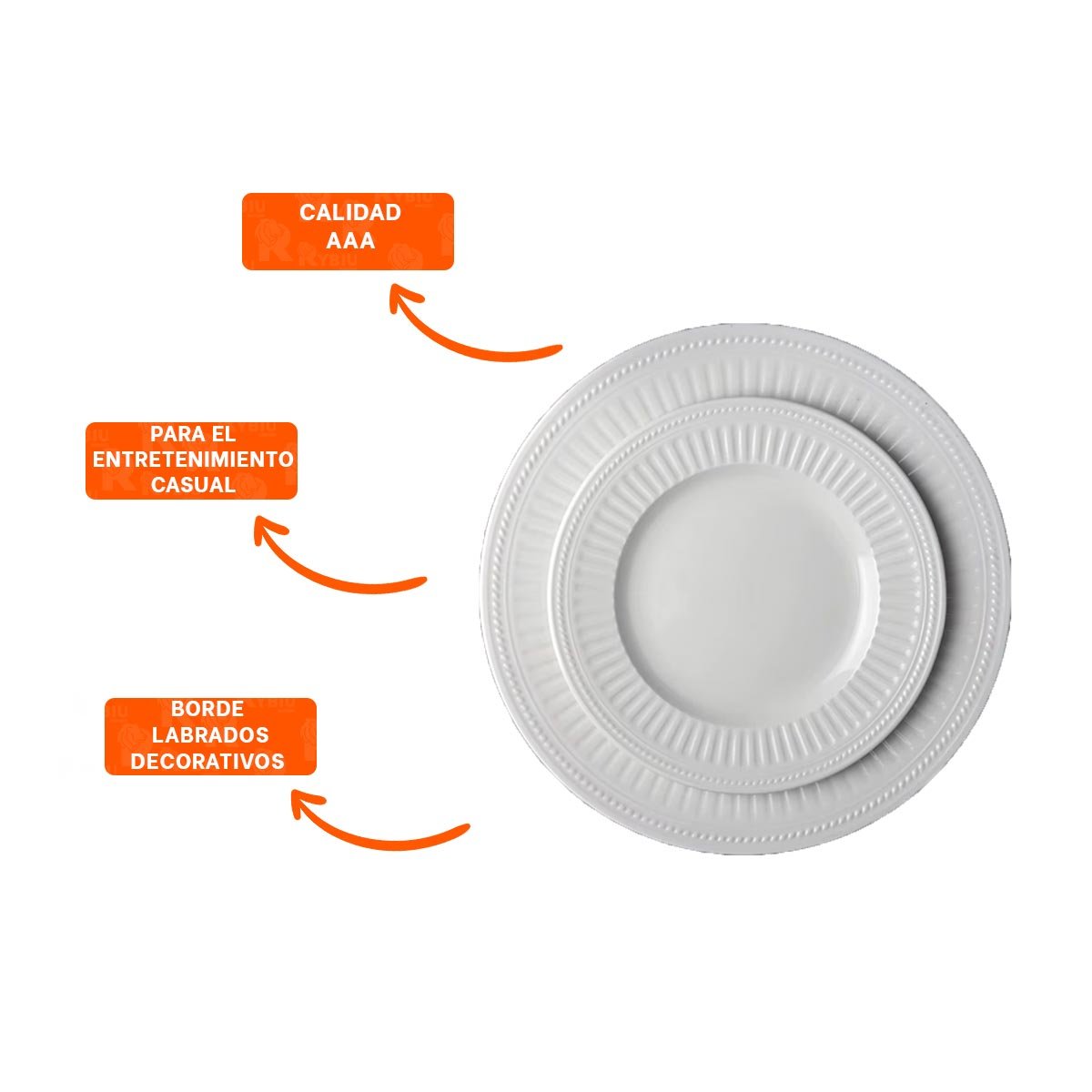 BLANCO PLATO REDONDO CON BORDE DE RAYAS VERTICALES PARA MESA - 3