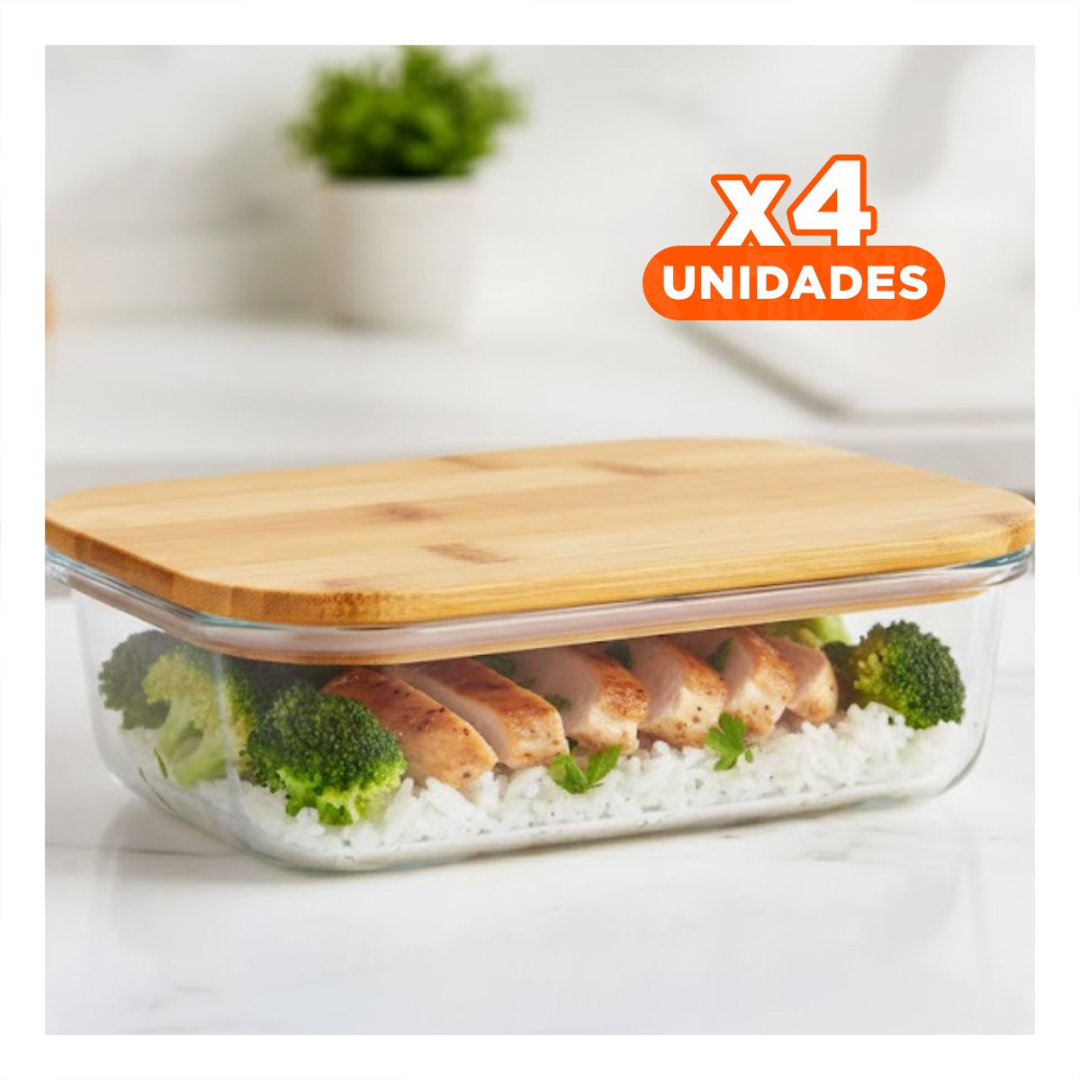 PACK4 CAJA 640ML RECTANGULAR TRANSPARENTE CON TAPA DE BAMBU PARA COCINA - 1