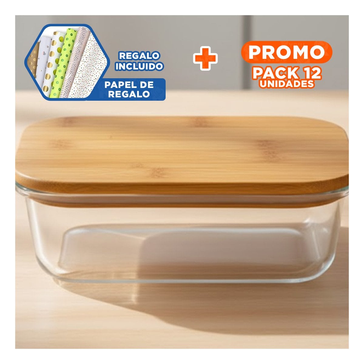 PACK12 ENVASE VIDRIO 1040ML RECTANGULAR TRANSPARENTE TAPA BAMBU COMIDA Y+PAPEL REGALO - 1