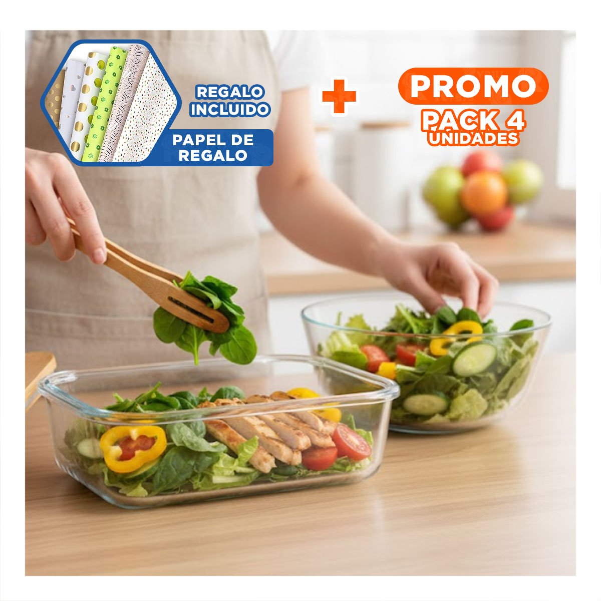 PACK4 CAJA 640ML RECTANGULAR TRANSPARENTE CON TAPA DE BAMBU PARA HOGAR Y+PAPEL REGALO - 1