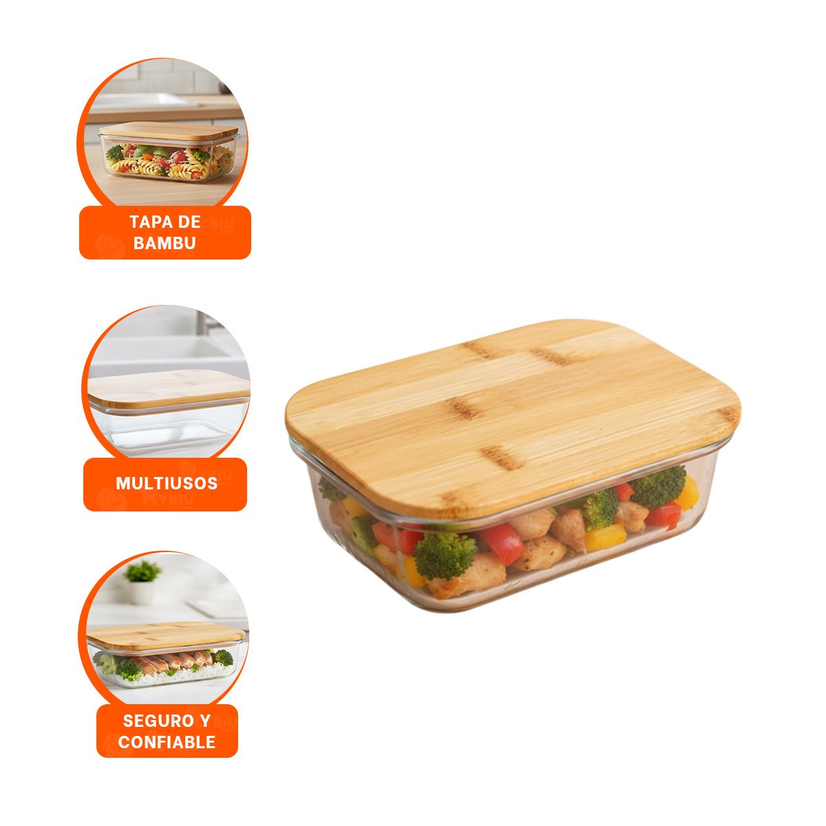 ENVASE 640ML RECTANGULAR TRANSPARENTE CON TAPA DE BAMBU PARA ALIMENTOS - 3