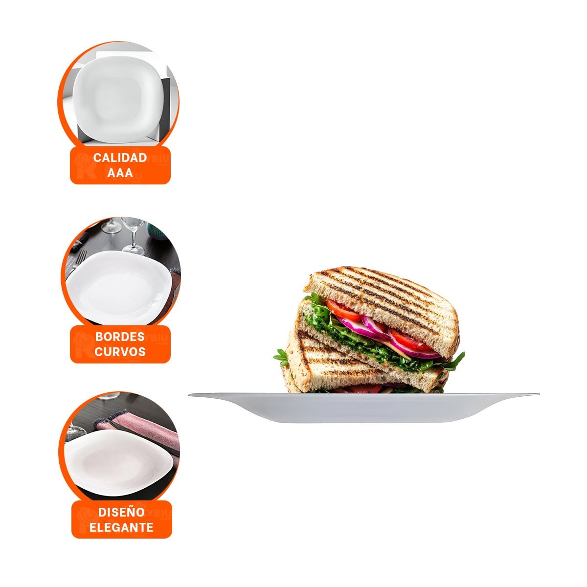BLANCO PLATO CUADRADO CON BORDE CURVO PARA MESA DE COMEDOR - 3