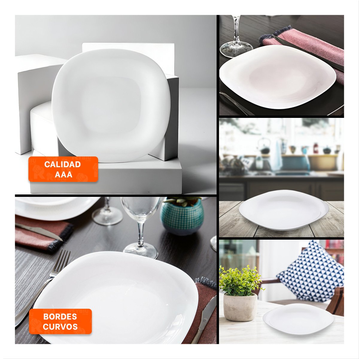 BLANCO PLATO CUADRADO CON BORDE CURVO PARA MESA DE COMEDOR - 5