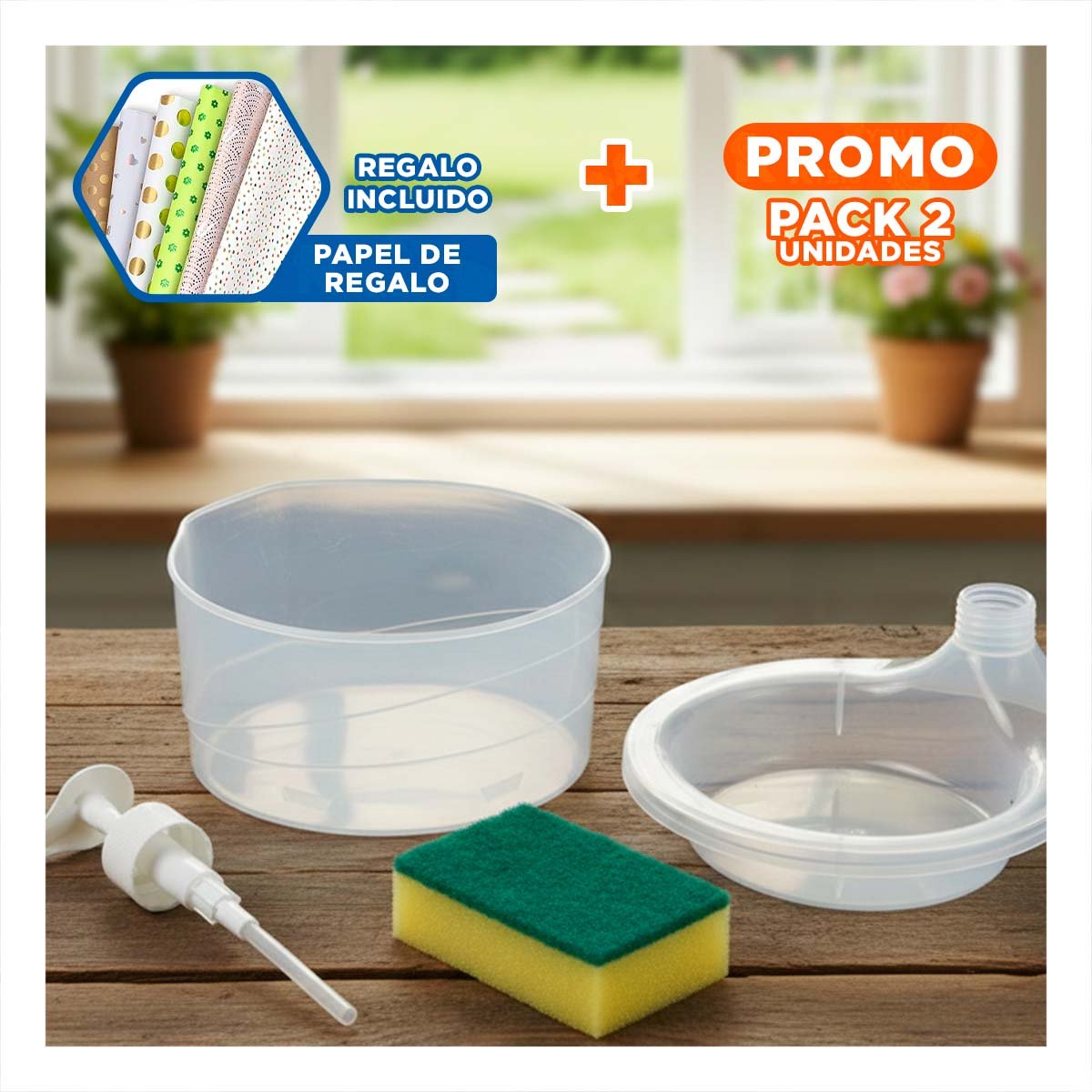 PACK2 ENVASE MANUAL PARA JABON LAVAVAJILLA CIRCULAR TRANSPARENTE Y+PAPEL REGALO - 1