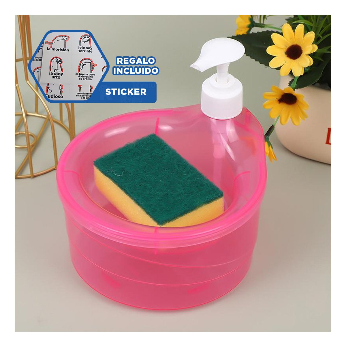 SISTEMA MANUAL PARA JABON LAVAVAJILLA CIRCULAR ROSADO EN COCINA Y+REGALO STICKER - 1