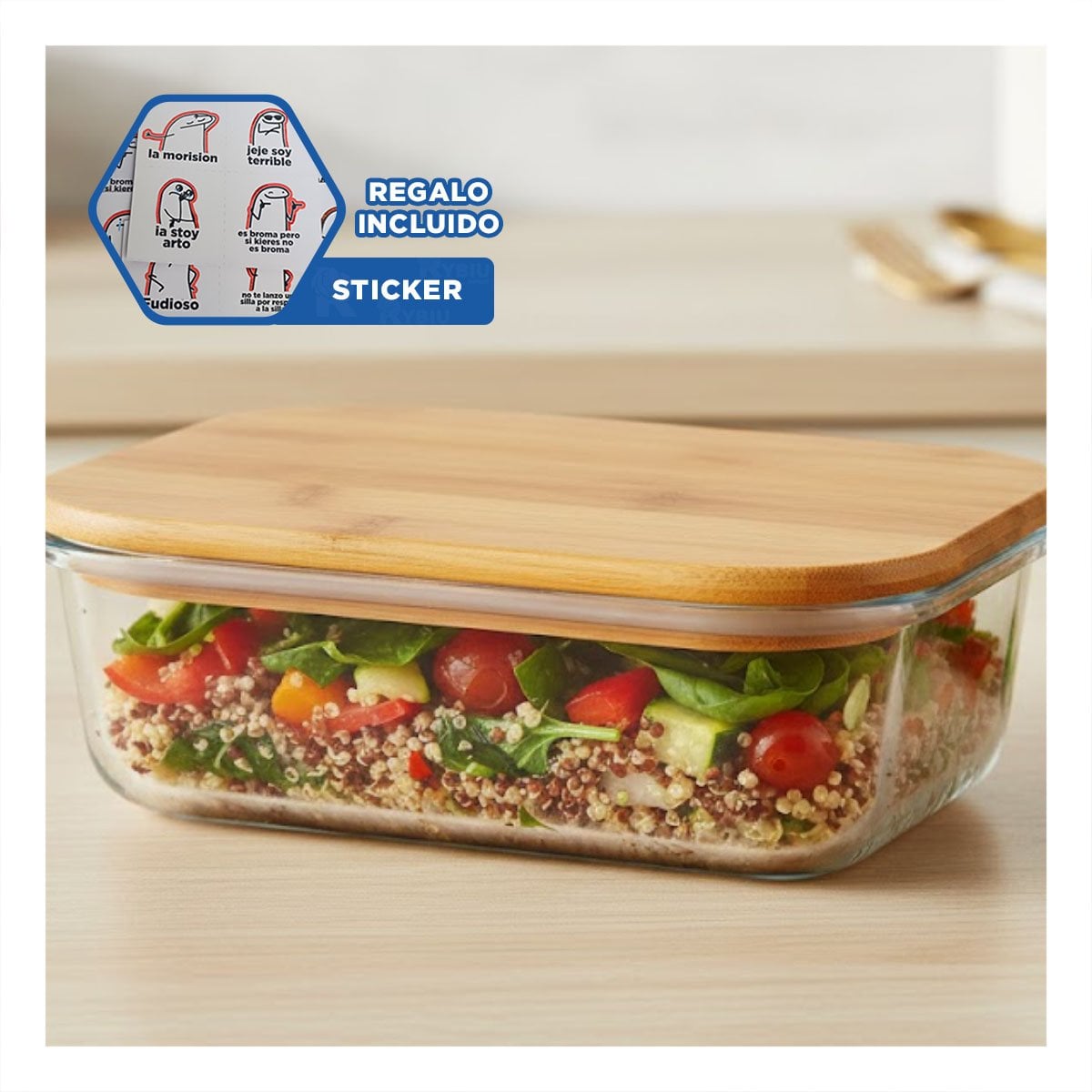 ENVASE 640ML RECTANGULAR TRANSPARENTE CON TAPA DE BAMBU PARA ORGANIZAR Y+REGALO STICKER - 1