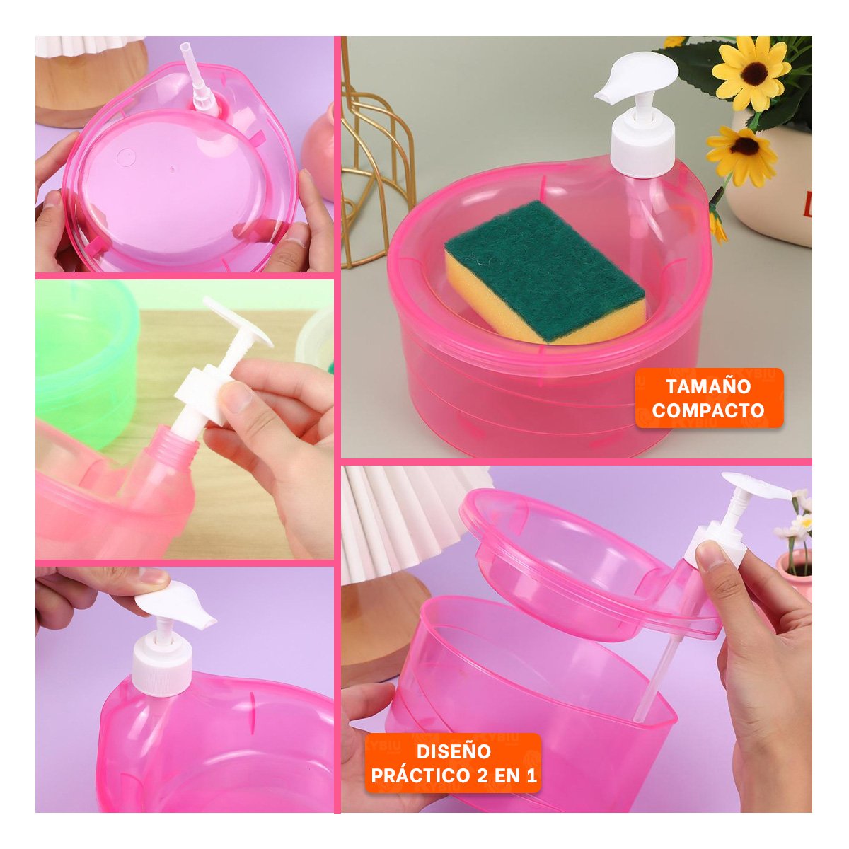 ENVASE RECARGABLE PARA JABON LAVAVAJILLA CIRCULAR ROSADO DE COCINA Y+LIGAS REGALO - 5