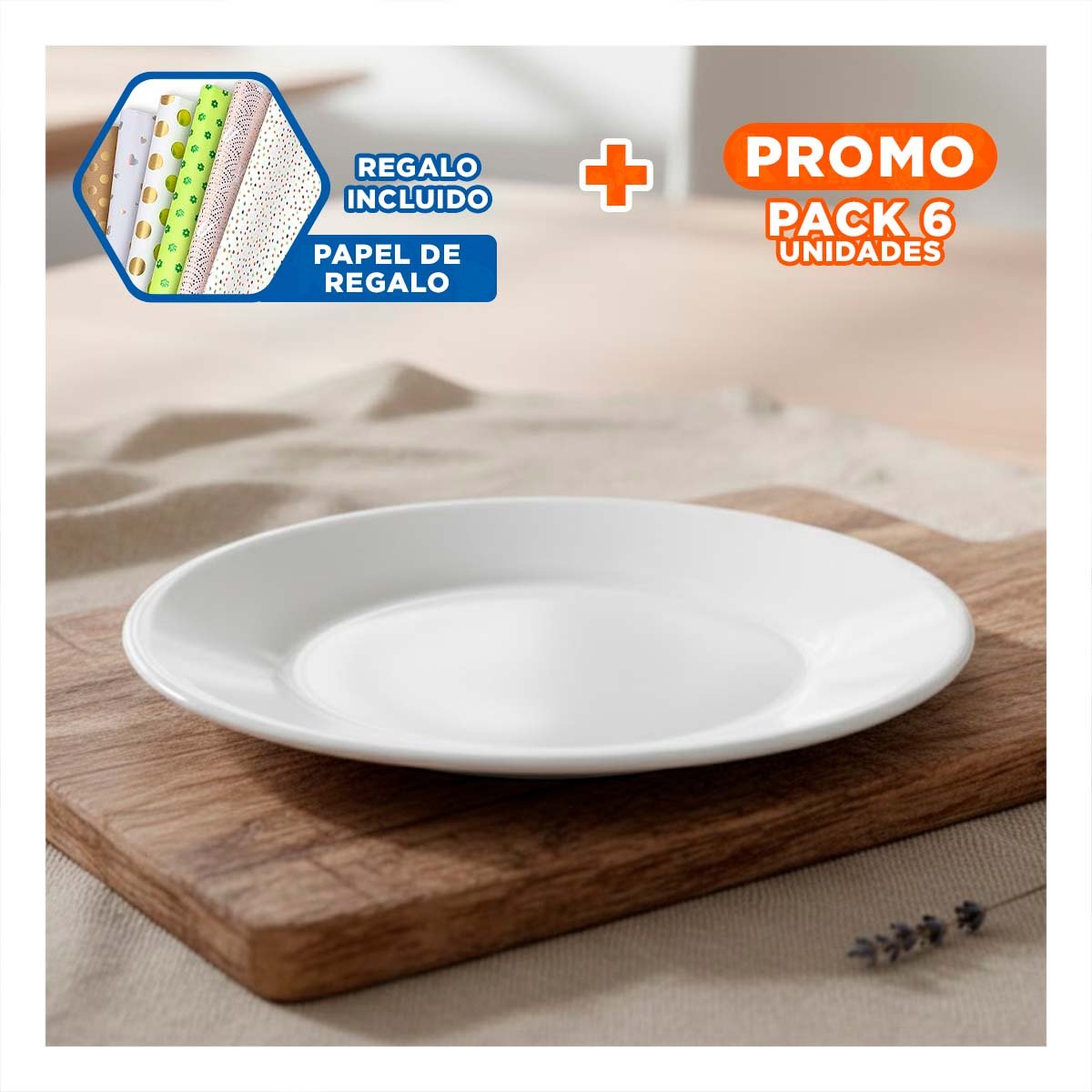 PACK6 PLATONES COMPACTOS BLANCO PARA MESAS DE COMEDOR Y COCINA MODERNA Y+PAPEL REGALO - 1