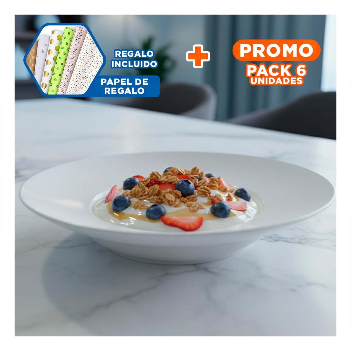 PACK6 SERVICIO DE MESA CIRCULAR SEMI HONDO BLANCO PARA EVENTOS Y+PAPEL REGALO - 1
